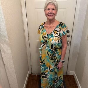 Chico's Teal, Yellow and Black Floral V-Neck Maxi Dress